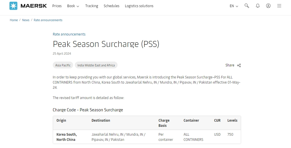 Maersk peak season surcharges from China, South Korea to India, Pakistan