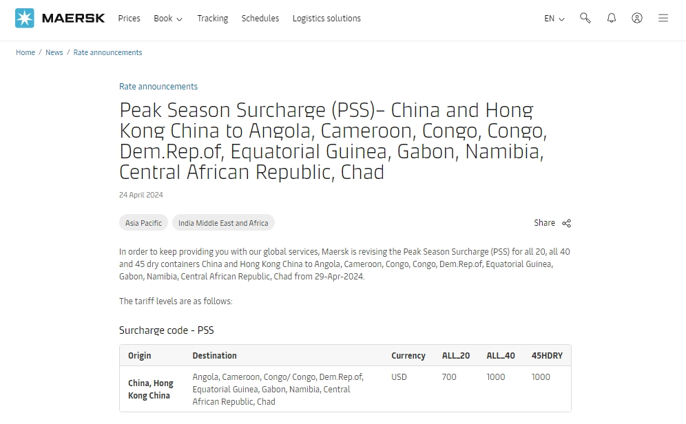 Maersk peask season surcharges from China to Africa