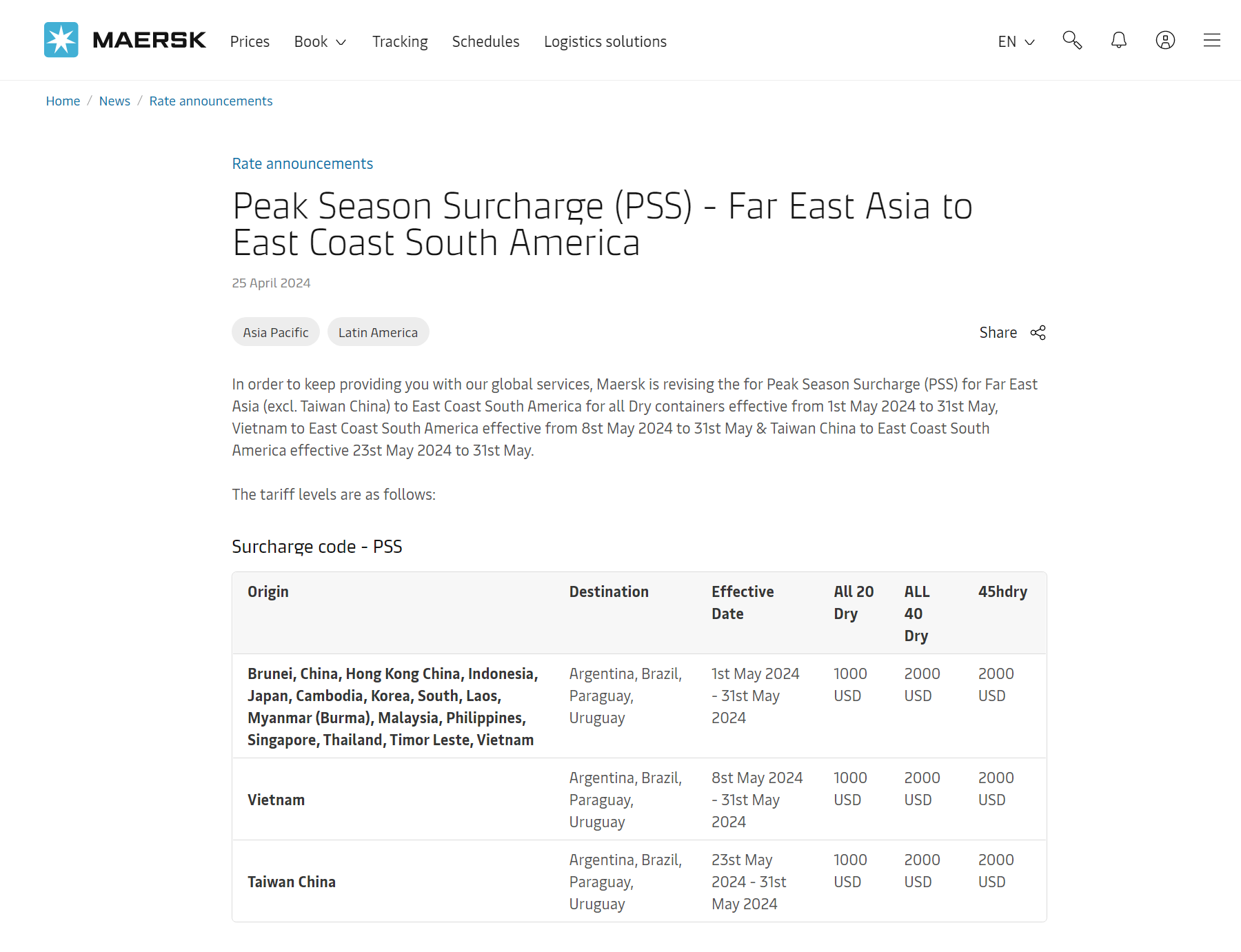 peak season surcharge- far east asia to east coast south America