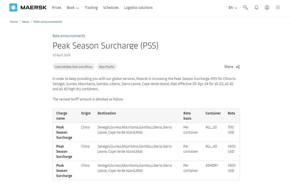 Maersk peak season surcharge from China to Africa