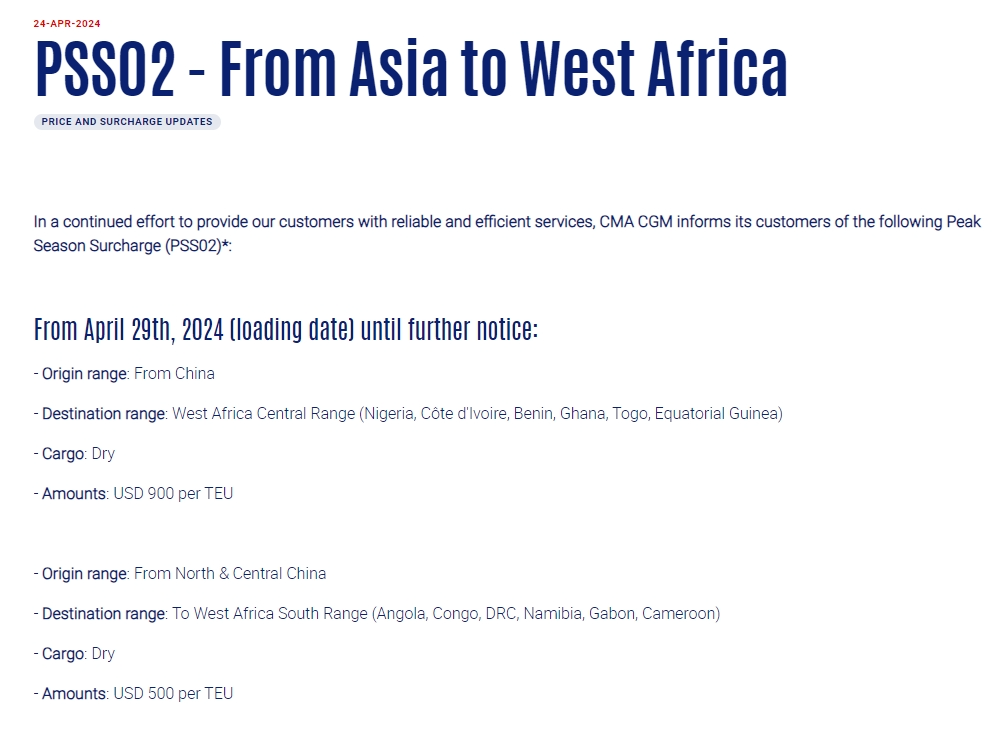 CMA CGM peak season surcharge from China to West Africa