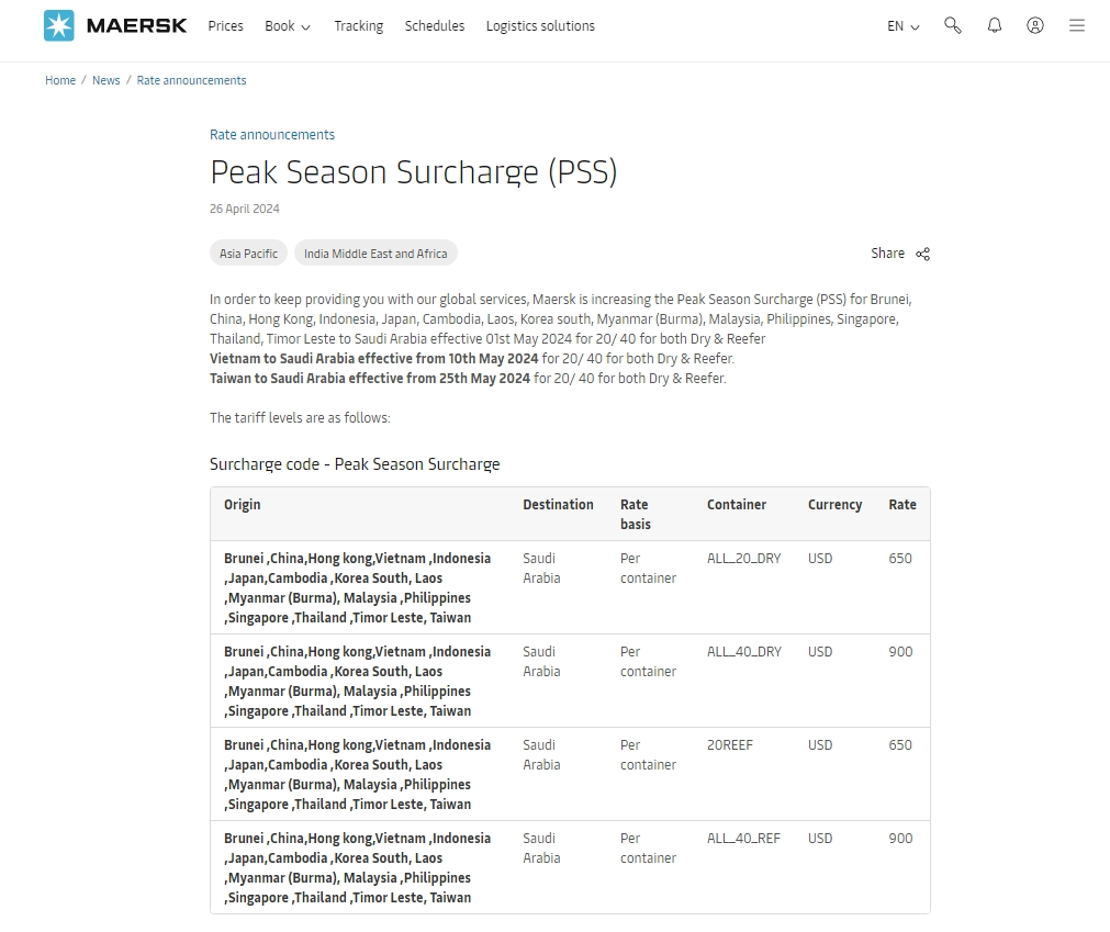 Peak season surcharge - Asia to Saudi Arabia